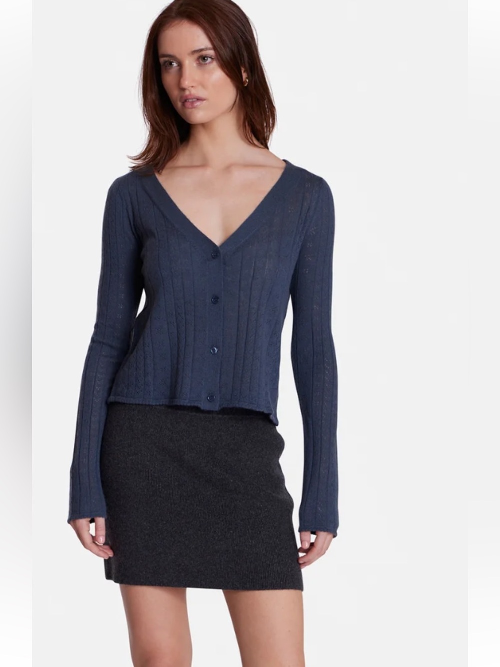 Nili Lotan Navy Ribbed V-Neck Button Cardigan